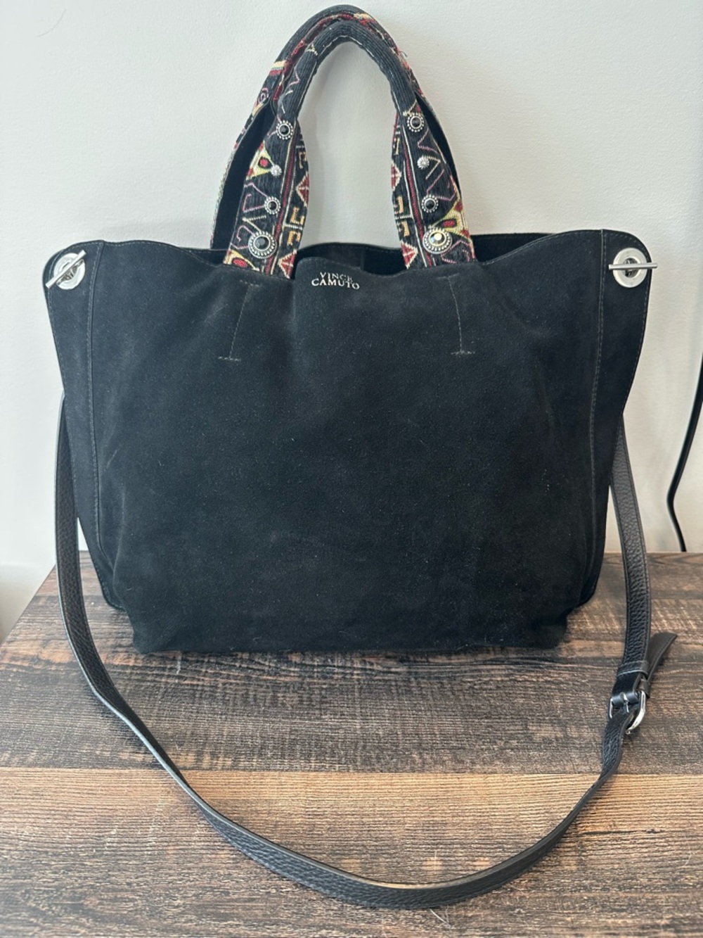 Vince Camuto Black Suede and Leather Tote with Patterned Top Handles